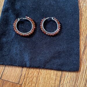 Orange beaded sterling silver hoops